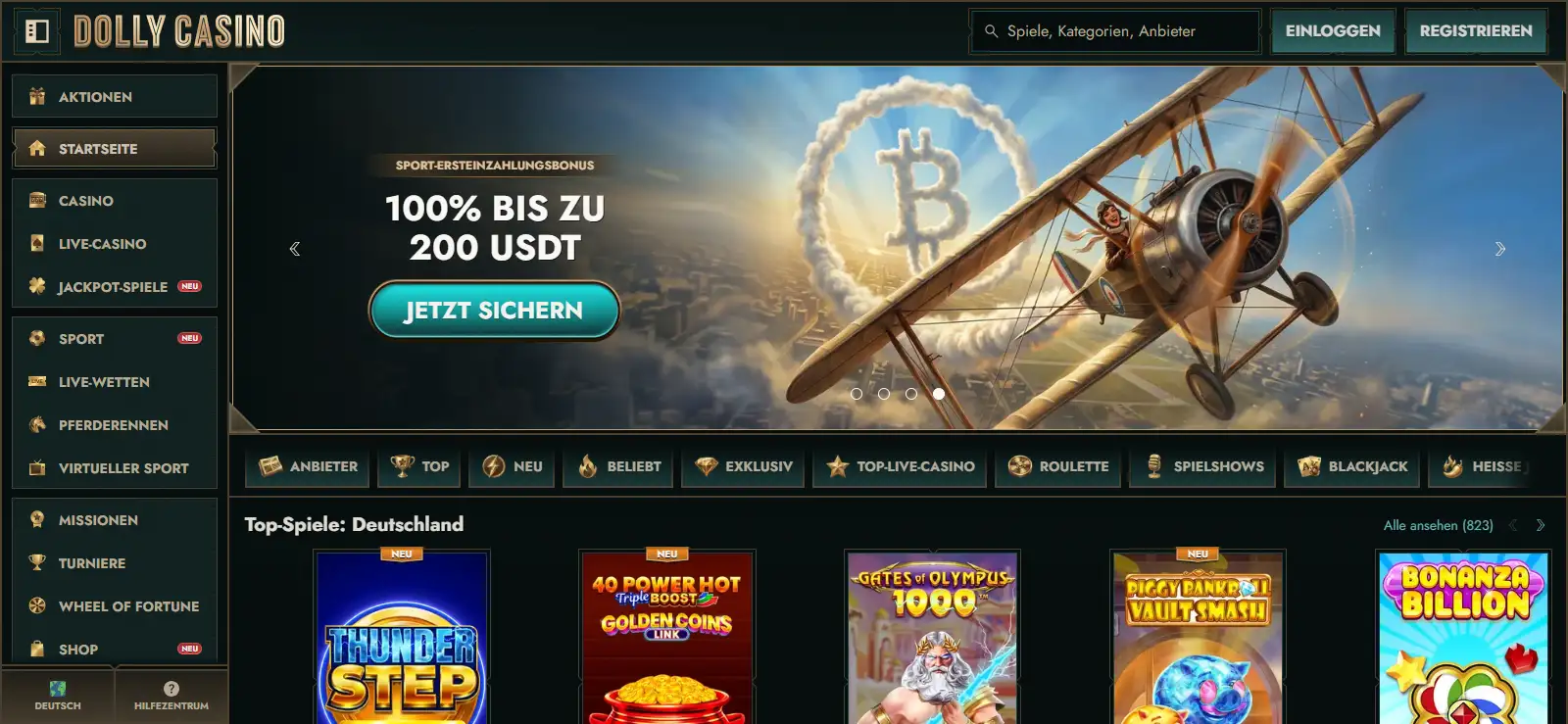 Deutsche Dolly-Casino-Startseite mit deutscher Navigation und Spielkategorien